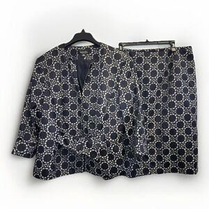 Isabella 2PC Skirt Suit Women's 18W Textured Belted Blazer Navy Geometric